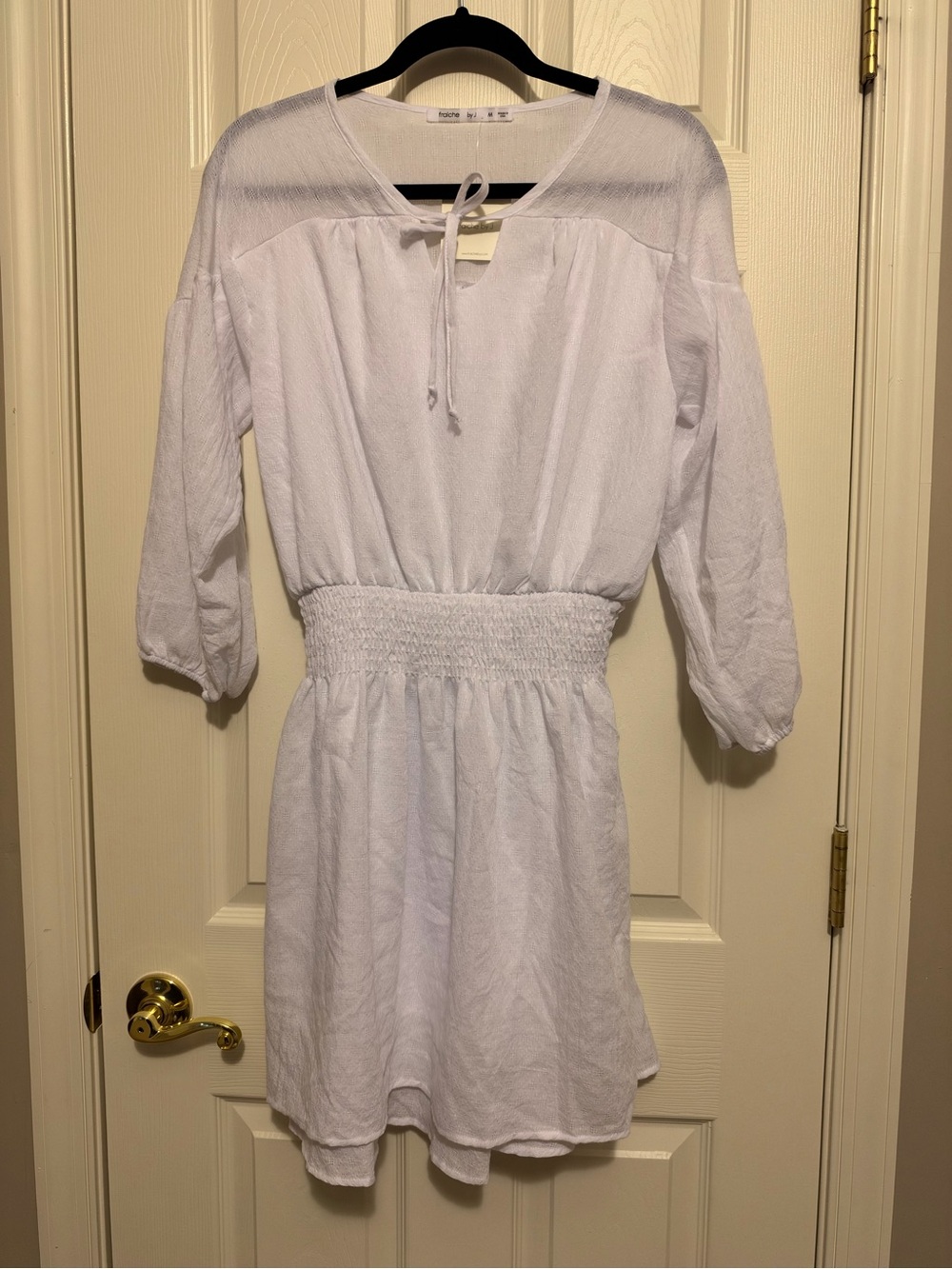 Women’s White Smocked Waist Casual Dress with Tie Neck